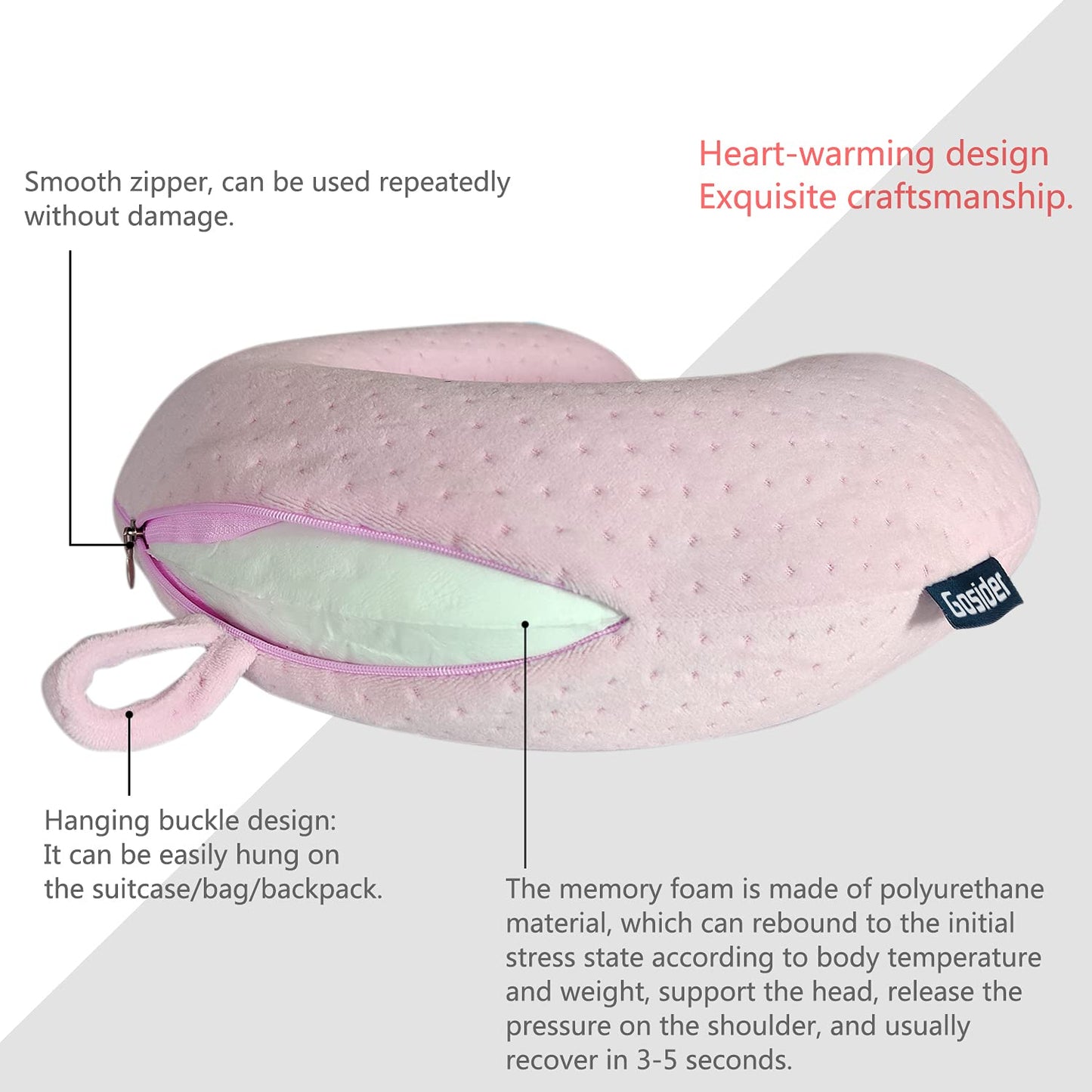 Gosider Neck Pillows for Sleeping Travel Pink Travel Pillow Comfortable U Shape Memory Foam Pillows
