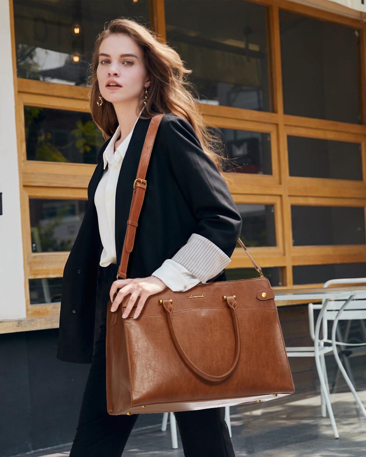 LOVEVOOK Laptop Tote Bag For Women Work, Vintage Leather Computer Bags For Laptops For Women, Waterproof Laptop Bag Business Briefcase Office Large Shoulder Handbag Purse, 15.6 Inch, Brown