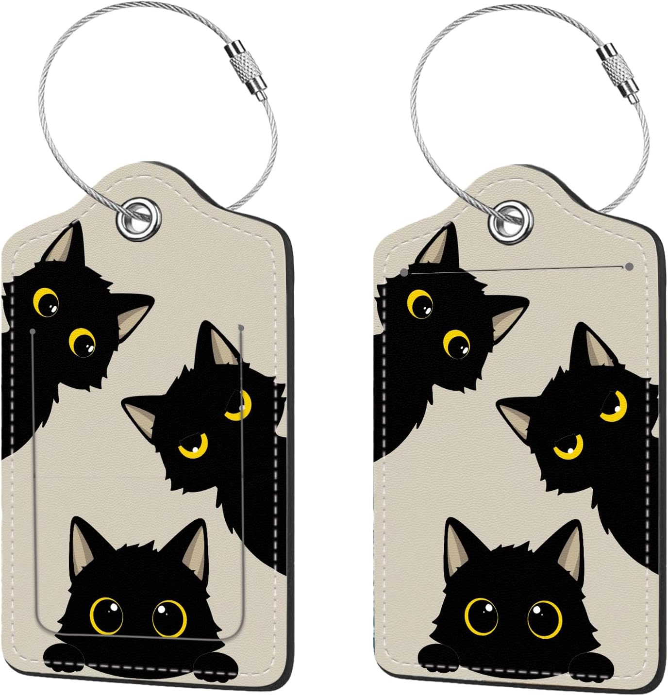 2 Pcs Luggage Tags for Suitcase, Cute Unique PU Leather Travel Bag Tag with Privacy Cover ID Label Address Card and Durable Metal Ring Suitable for Men Women Children Backpack,Three Black Cats