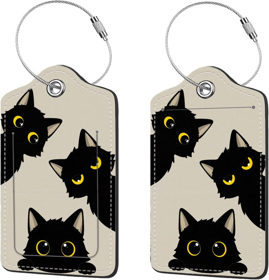 2 Pcs Luggage Tags for Suitcase, Cute Unique PU Leather Travel Bag Tag with Privacy Cover ID Label Address Card and Durable Metal Ring Suitable for Men Women Children Backpack,Three Black Cats