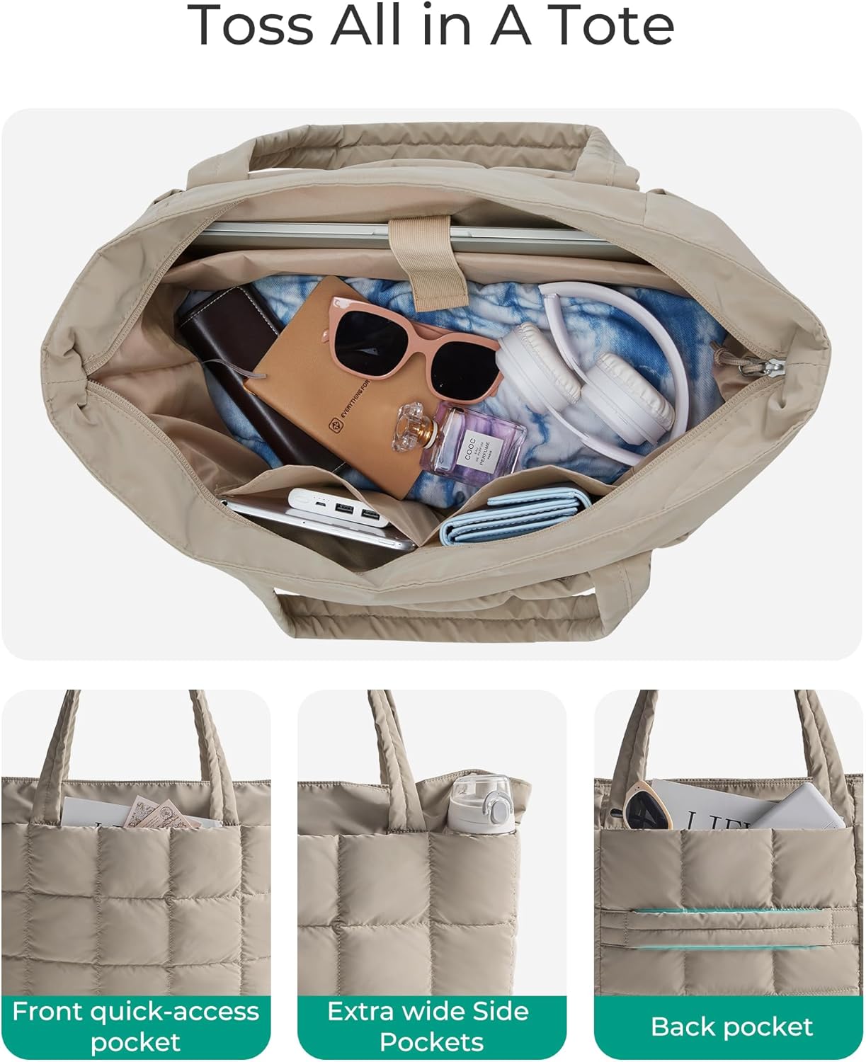 BAGSMART Expandable Tote Bag for Women, Puffer Work Tote Handbag, Quilted Carry-On Travel Gym Bag