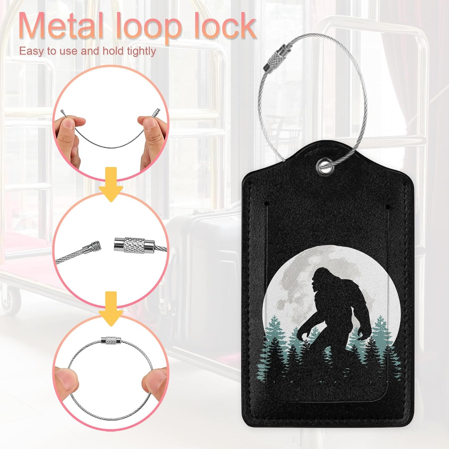 2 Pack Luggage Tag for Suitcase, Bigfoot Forest Moon Leather Suitcase Tags Identifiers with Privacy Name Address Labels & Durable Steel Loop for Women/Men Travel