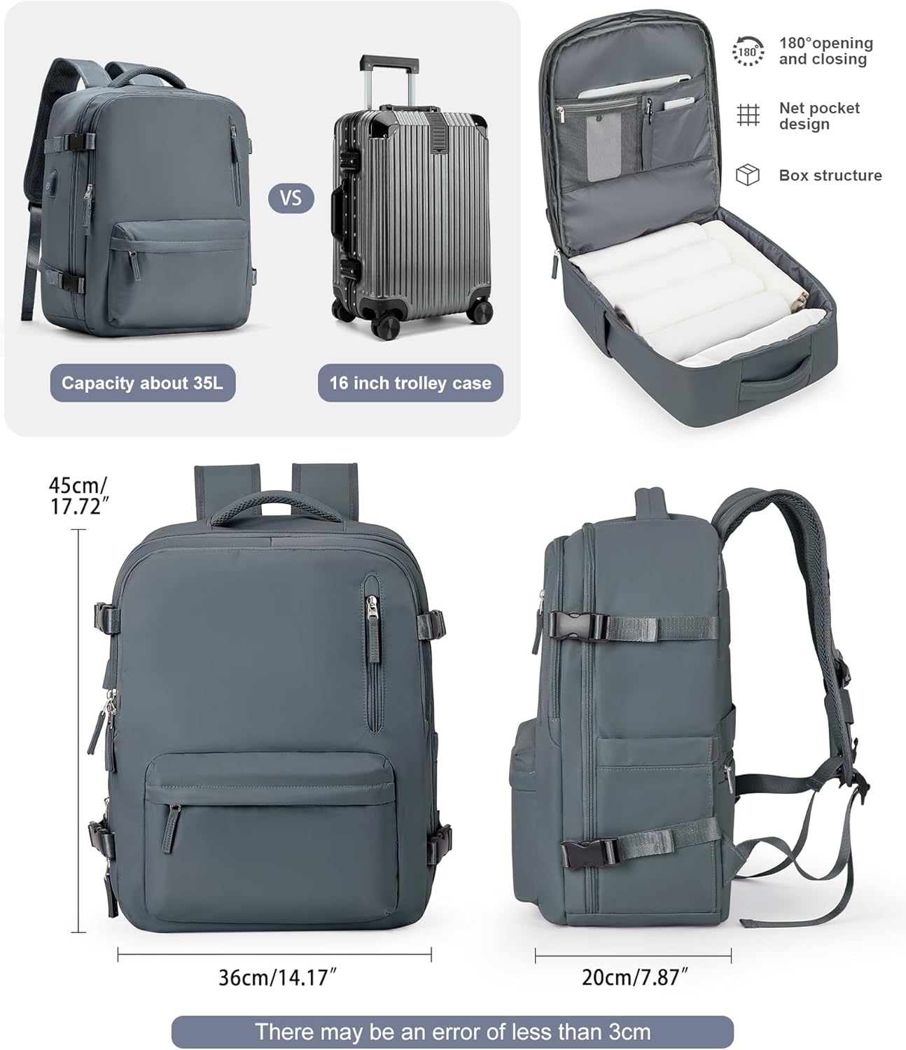 VGCUB Lightweight Travel Backpack for Women Men,Carry on Backpack Flight Approved Luggage,Water Resistant Laptop College Work Backpack Personal Item Daypack Bookbag Mochila de Viaje,Grey blue