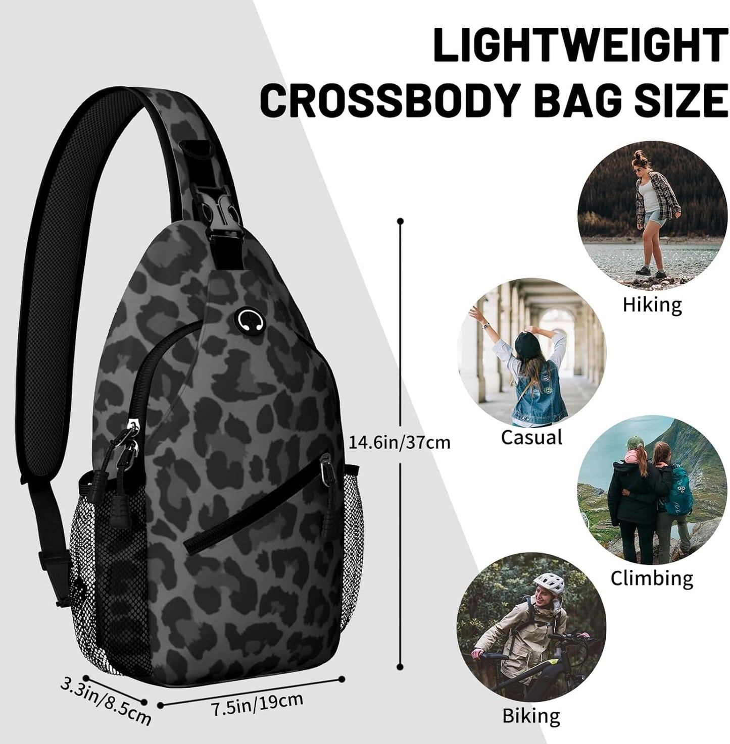 Black Leopard Print Sling Bag Crossbody Chest Bag for Women Men, Water Resistant Lightweight Casual