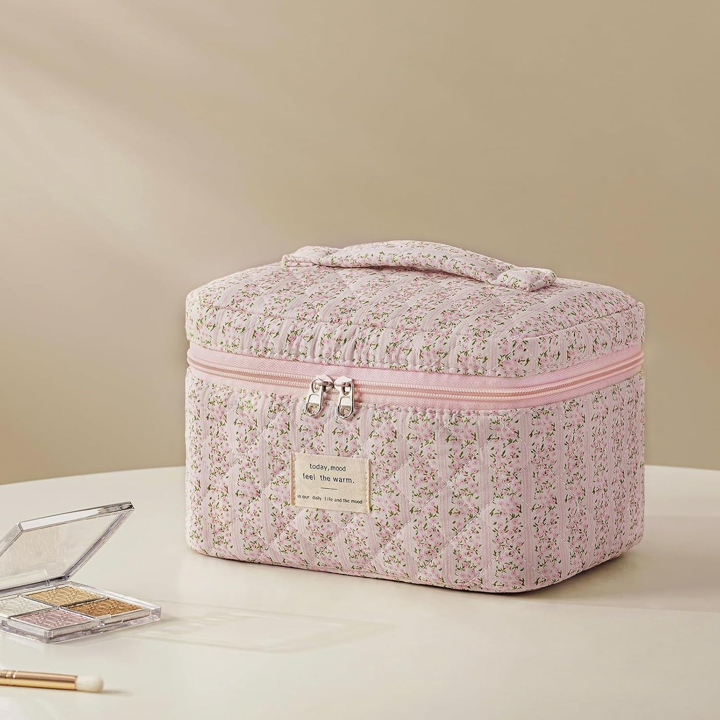 HBselect Quilted Makeup Bag, 3PCS Cotton Large Travel Makeup Bag, Cute Floral Coquette Make up Bag Cosmetic Bag Toiletry Bag for Women Girls