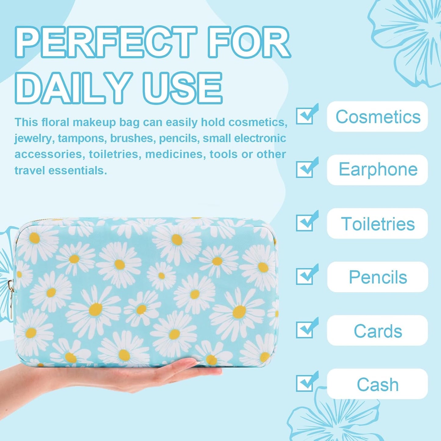 Waterproof Small Floral Makeup Bag Pouch for Purse,Nylon Flower Cosmetic Bag Preppy Travel Toiletry