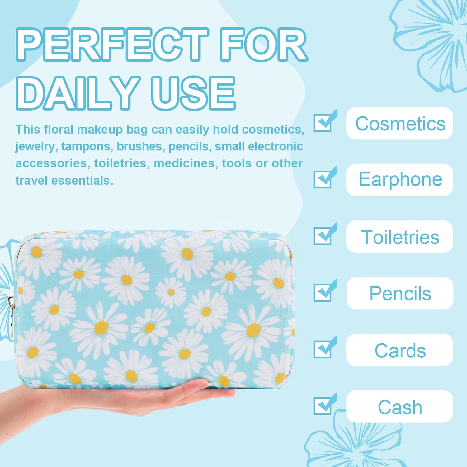 Waterproof Small Floral Makeup Bag Pouch for Purse,Nylon Flower Cosmetic Bag Preppy Travel Toiletry