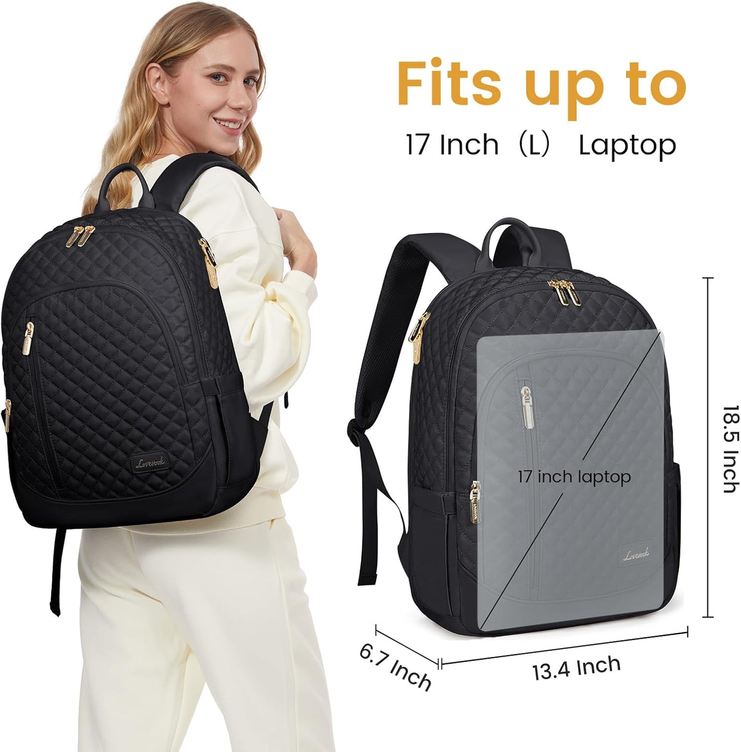LOVEVOOK Travel Backpack for Women,17 Inch Laptop Work Business College Backpack Purse,Large Capacity Anti Theft Nurse Computer Bag,Lightweight Quilted Travel Backpacks for Weekender,Black