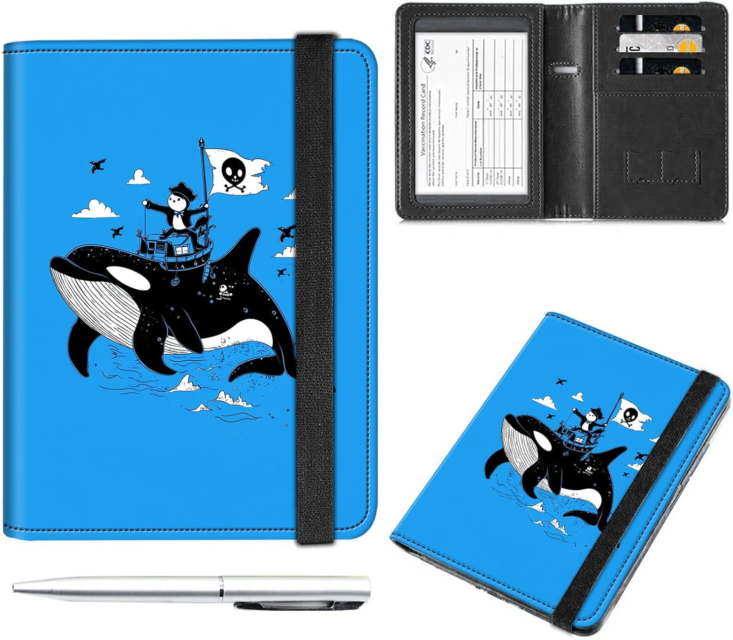 Passport and Vaccine Card Holder Cover Combo,Travel Passport Holder Wallet with RFID Blocking, Leather Vaccine Card Slot Passport Cover Case for Women & Men,Pirate Ship and Dolphin