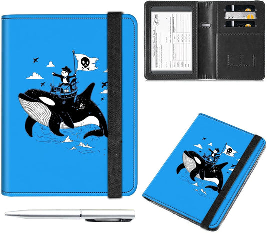 Passport and Vaccine Card Holder Cover Combo,Travel Passport Holder Wallet with RFID Blocking, Leather Vaccine Card Slot Passport Cover Case for Women & Men,Pirate Ship and Dolphin