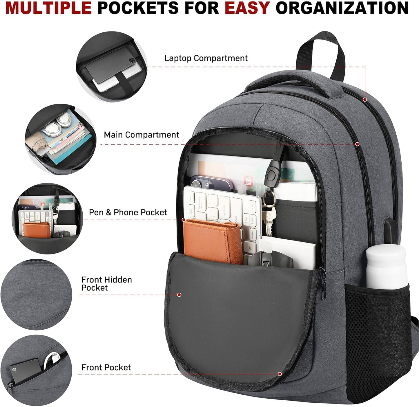 School Laptop Backpack for Women Men: 15.6 Inch College High School Backpacks with USB Charging Port Waterproof Travel Back Pack with Anti-theft Pockets Casual Work Daypack for Boys Students (Gray)