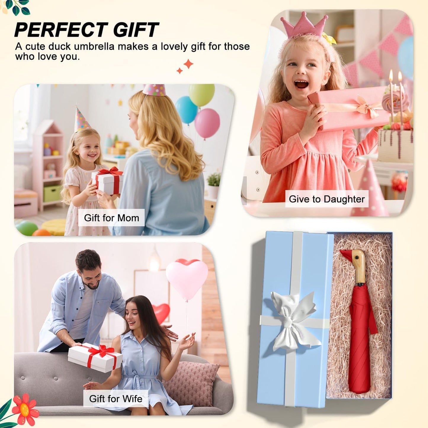 Duck Handle Umbrella Kids - Compact Portable Folding Lightweight Small Strong Wooden Duck Windproof Travel Umbrella for Kids Gifts