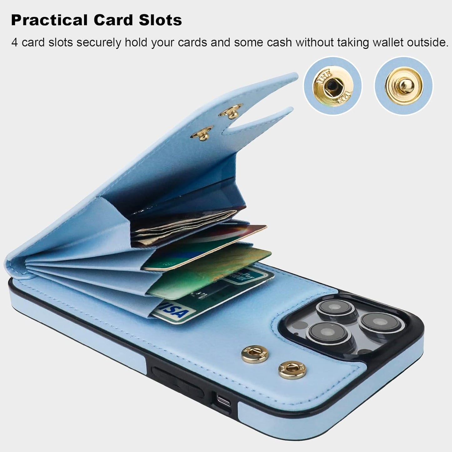 Folosu Compatible with iPhone 14 Pro Max Case Wallet with Card Holder, 360°Rotation Finger Ring Holder Kickstand, RFID Blocking Leather Protective Double Buttons Shockproof Cover 6.7 Inch Blue