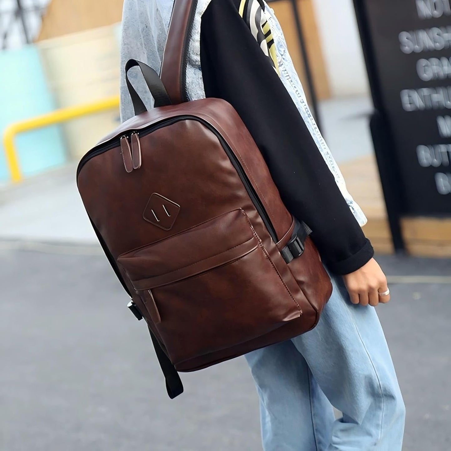 Mens Leather 16.1 inch Laptop Bag Travel Casual Computer Backpack College Business Work Shoulder Bags Waterproof