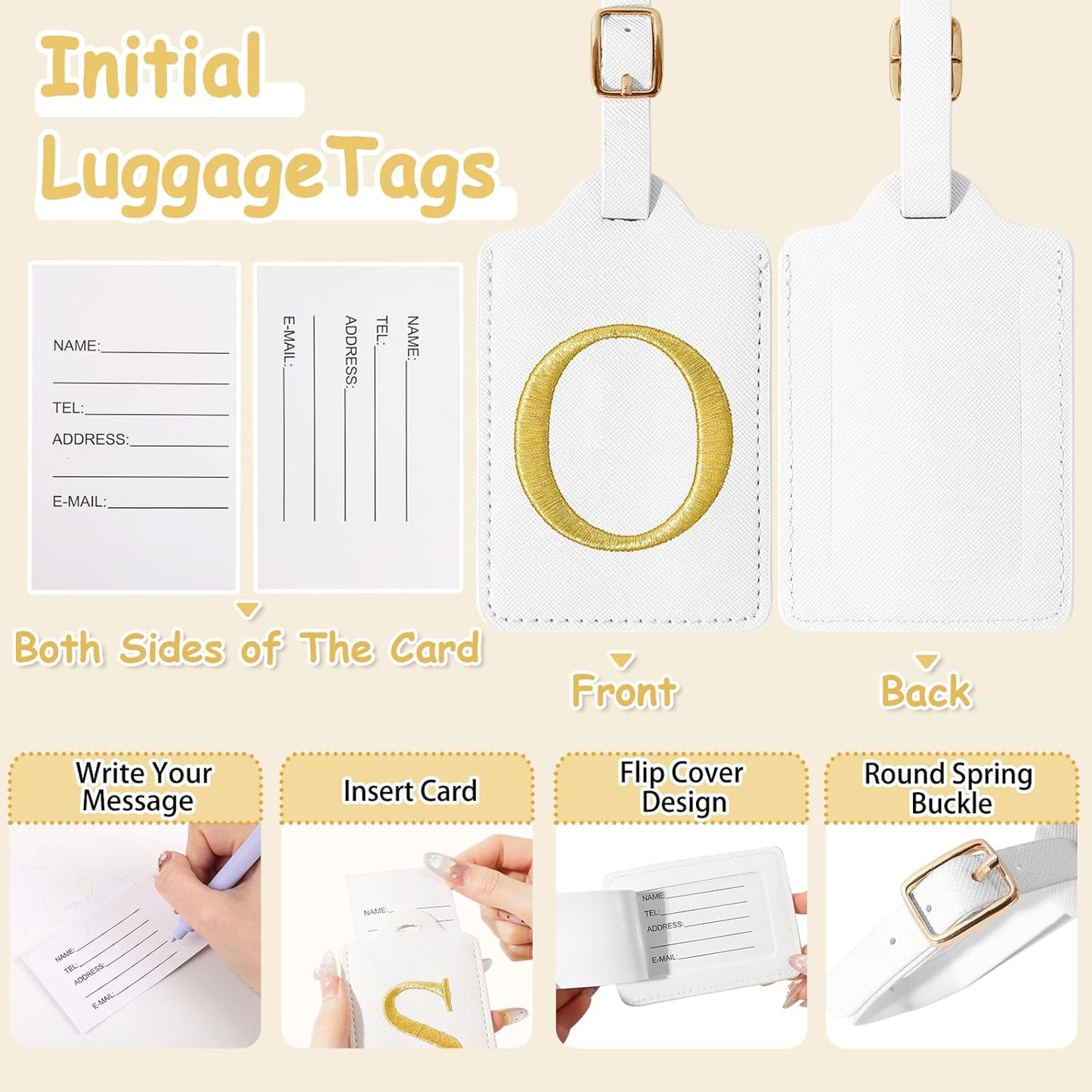 Initial Letter Luggage Tags for Suitcases, Personalized Embroidered Letter Luggage Bag Suitcase Identifier Name Tag, Cute PU Leather Travel Luggage Tags, Bag Tags for Luggage Handbags(White O)
