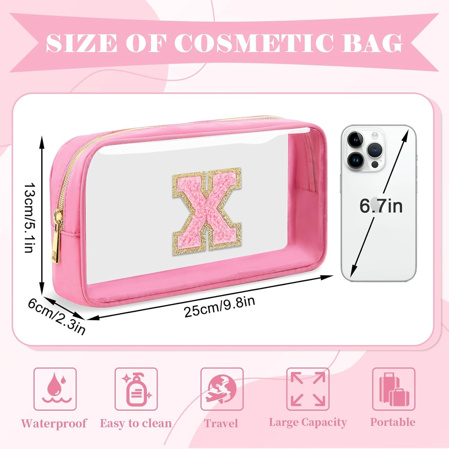Personalized Initial Letter Clear Makeup Bag,Preppy Small Nylon&PVC Cosmetic Zipper Bag with Chenille Letter,Portable Beach Travel Skincare Toiletry Bag,Trendy Monogram Gift for Teen Girls Women,X
