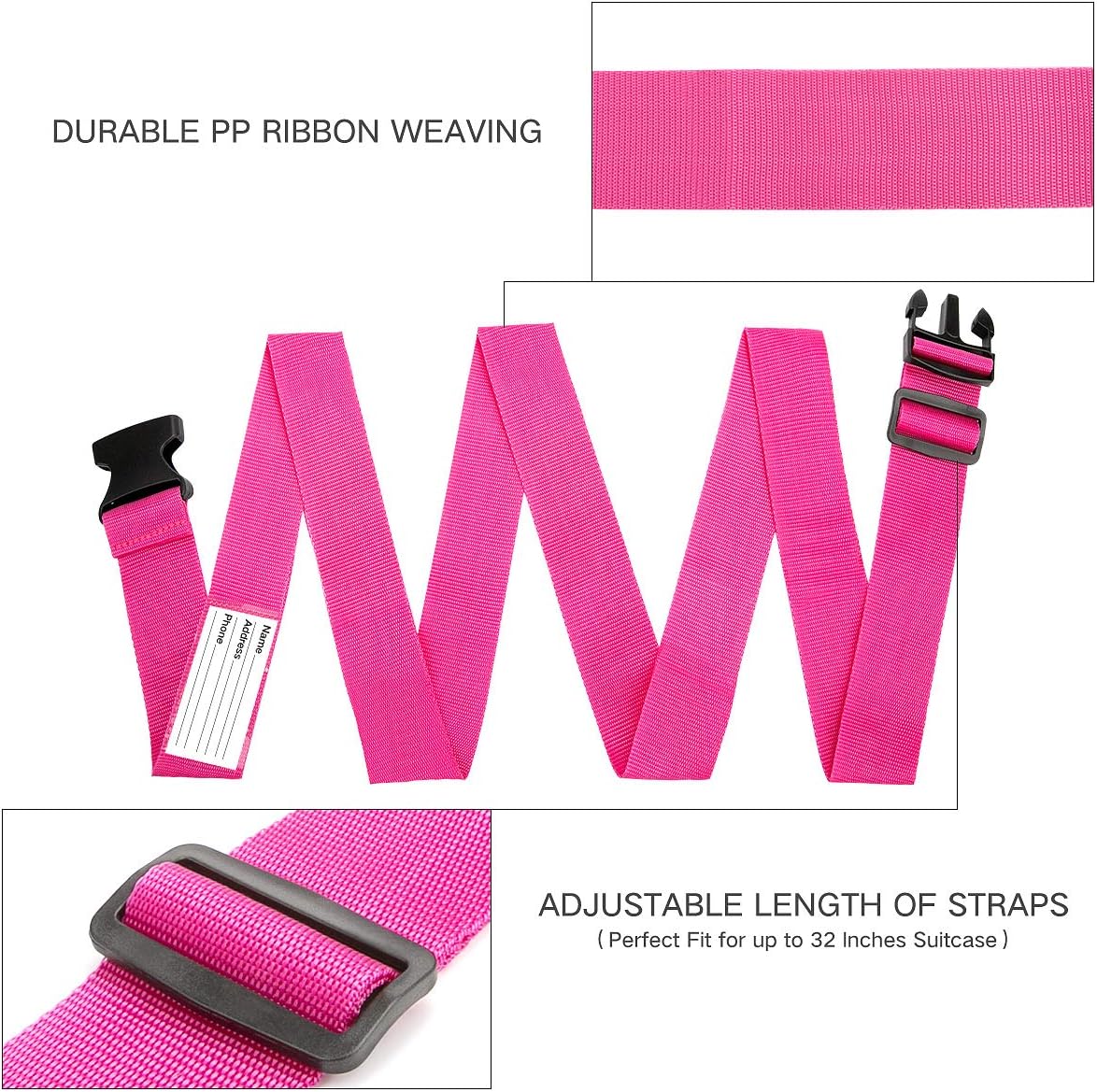 Luxebell Luggage Straps Suitcase Belt Add-A-Bag Travel Accessories, Heavy Duty Strap, 4-Pack 6.56ft Rosy