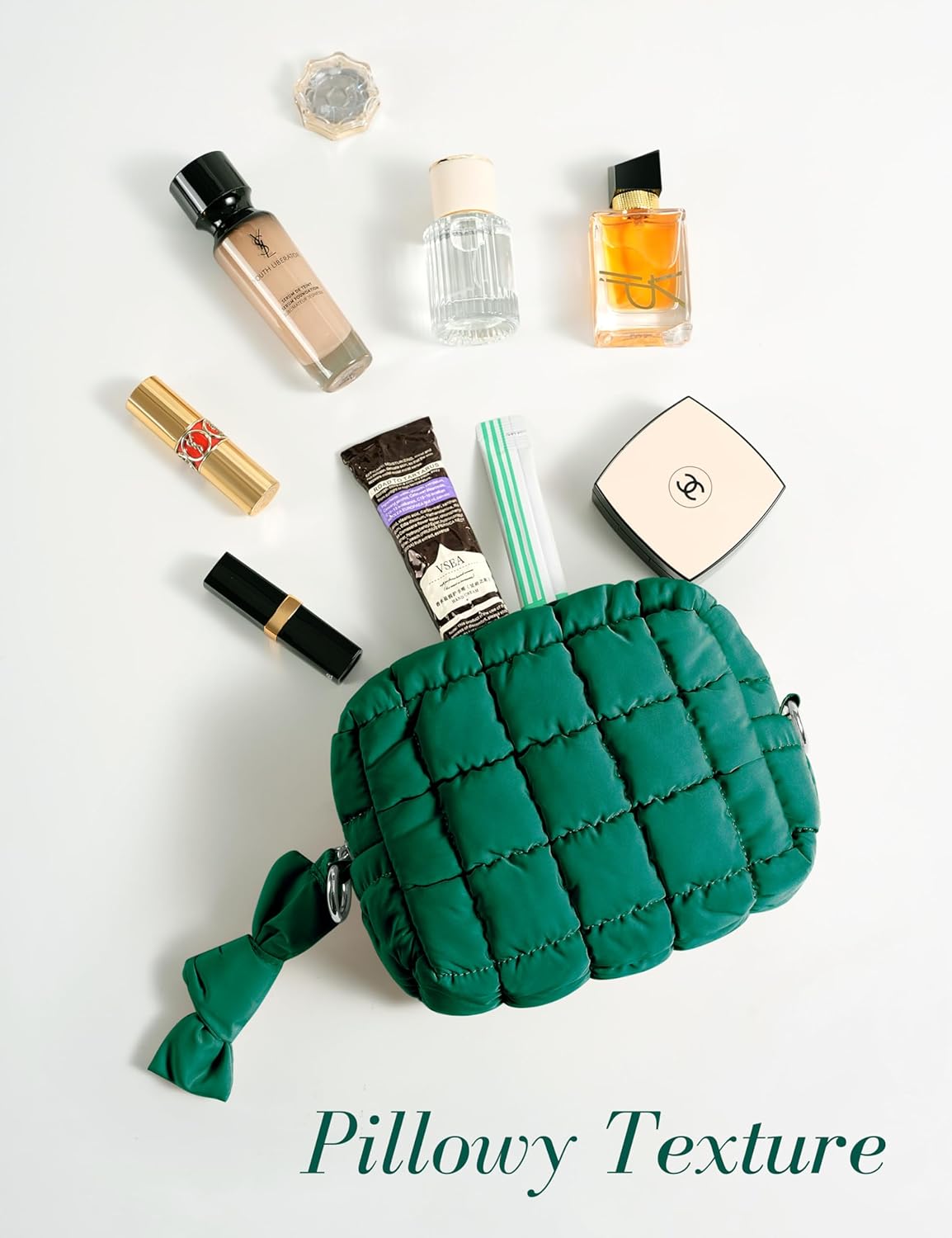 Yarnic Quilted Makeup Bag Cosmetic Bag, Travel Toiletry Bag for Women, Cute Makeup Bag Organizer Puffer Makeup Pouch (S, Deep Green)