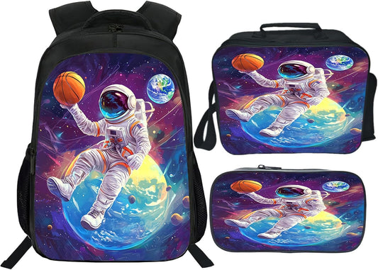 Astronaut Backpack Funny Spaceman Basketball School Bag 3PCS Backpack 16 Inch Set with Lunch Bag Pencil Case Lightweight for Teen Boys Girls Kids Elementary Middle School