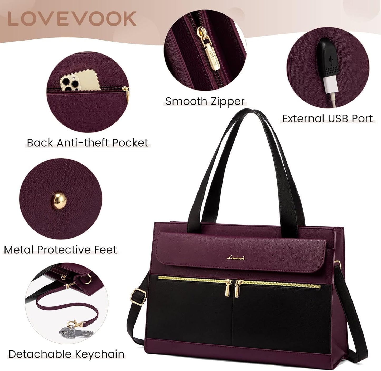 LOVEVOOK Laptop Bag for Women 17.3 Inch Laptop Tote Work Bags Professional Leather Computer Briefcase Waterproof Handbag Shoulder Large Capacity Business Teacher Office Crossbody Purse