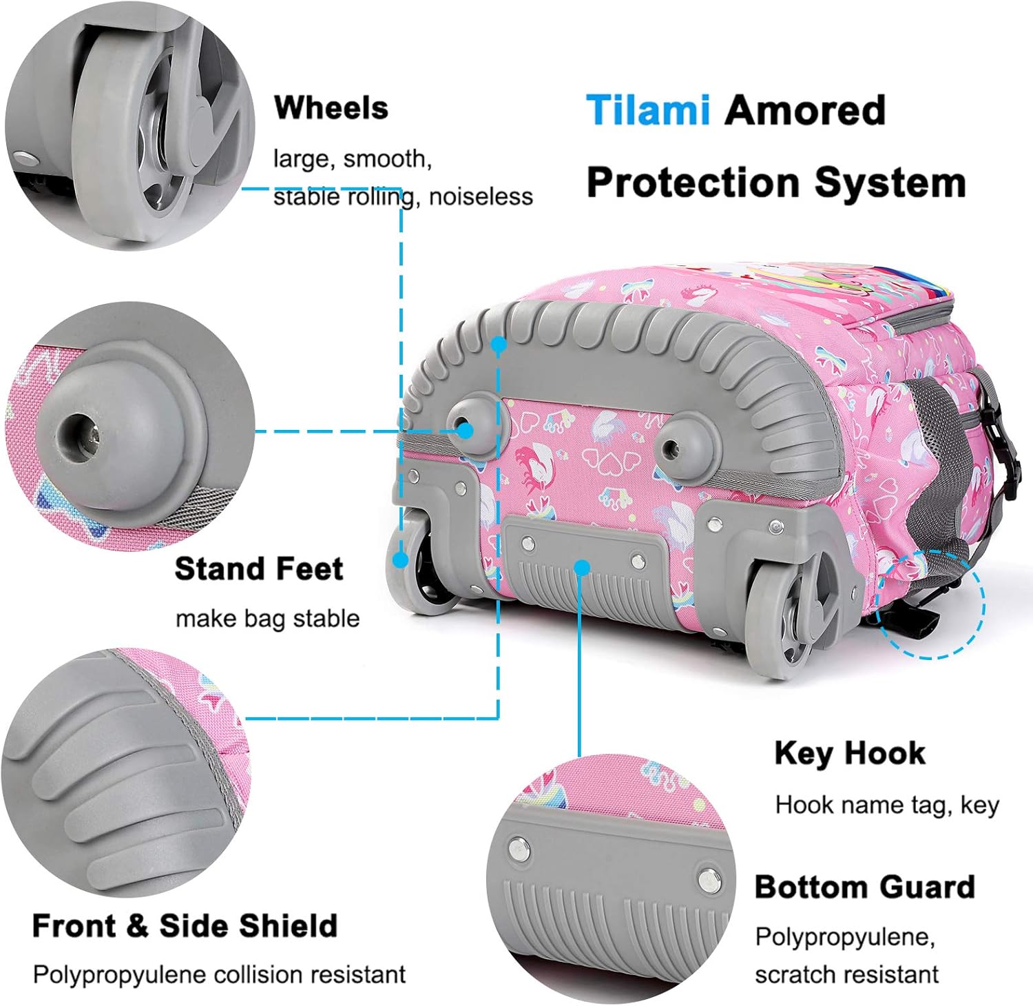 Tilami Rolling Backpack 19 inch with Lunch Bag Wheeled Laptop Backpack (Unicorn Pink)