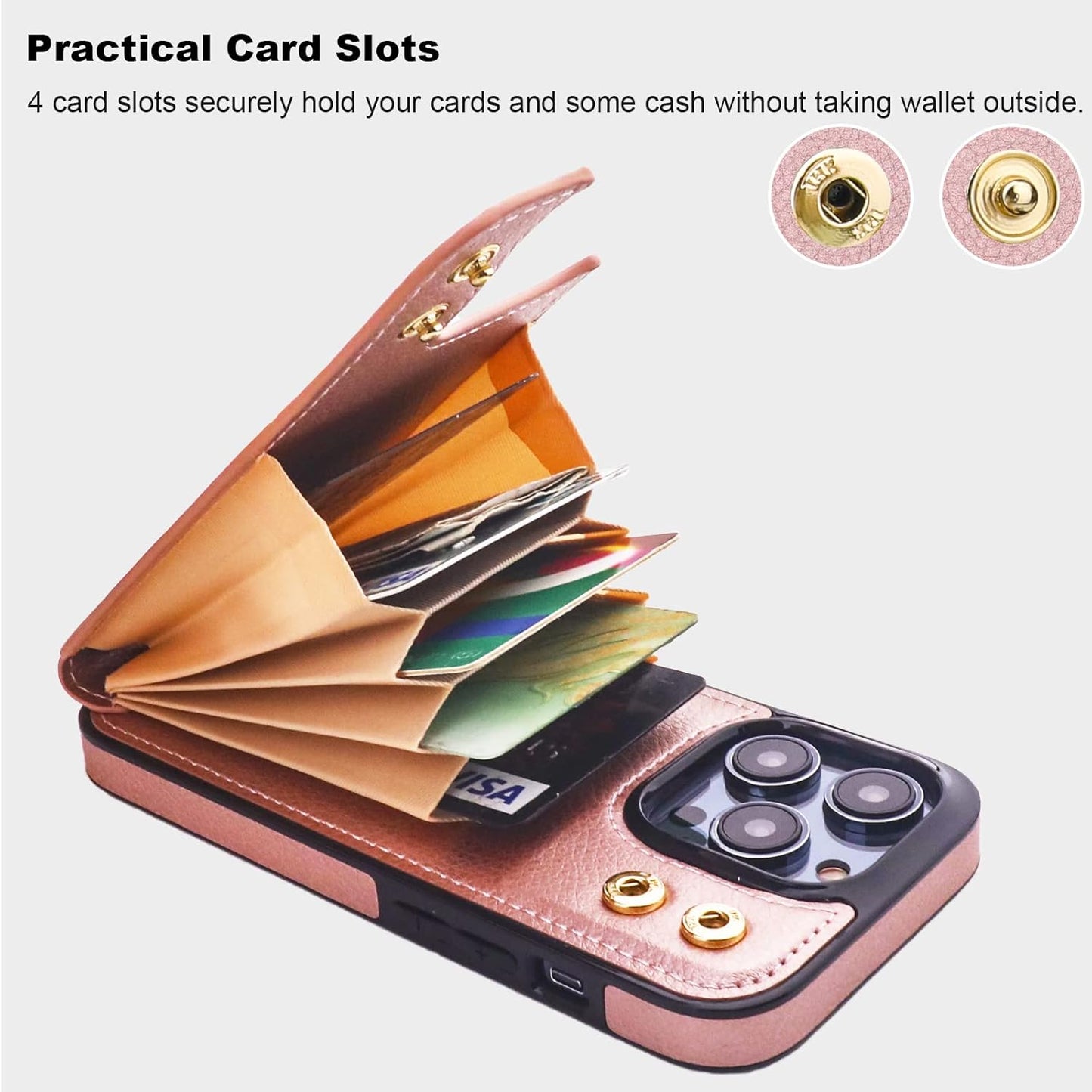 Folosu Compatible with iPhone 14 Pro Case Wallet with Card Holder, 360°Rotation Finger Ring Holder Kickstand, RFID Blocking Leather Protective Double Buttons Shockproof Cover 6.1 Inch Rose Gold