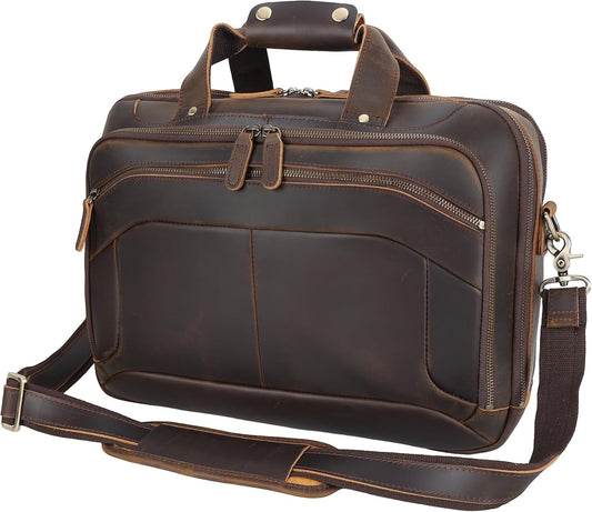 Masa Kawa Leather Briefcases Laptop Bag for Men for 15.6 inch Computer Vintage Brown Crossbody Shoulder Messenger Bags, Business Travel Office Work Teacher Organizer Professional Brief Case Handbag