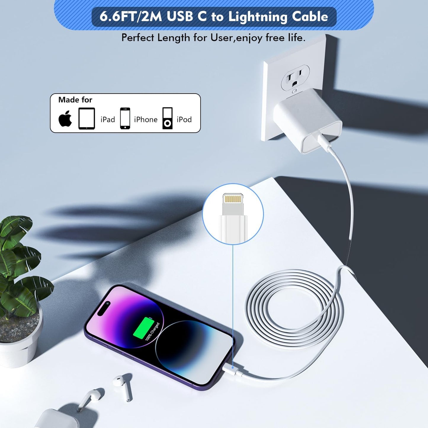 Long Apple iPhone Fast Charger,Fast Charging iPhone 2Pack PD Type C Wall Charger Fast Charging Phone Adapter 6.6FT USB-C to Lightning Cable Apple Chargers for iPhone 14/13/12/Pro/Max/11/XR/X/8/SE/iPad