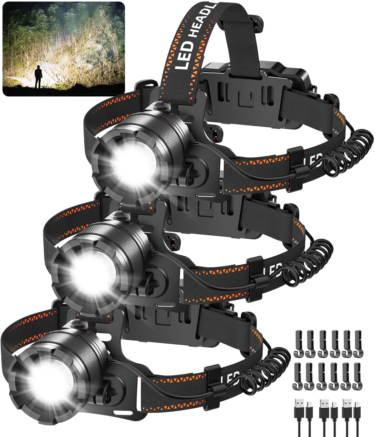 KYEKIO 3Pack Ultra Bright LED Headlamp Rechargeable, Head lamp for Adults