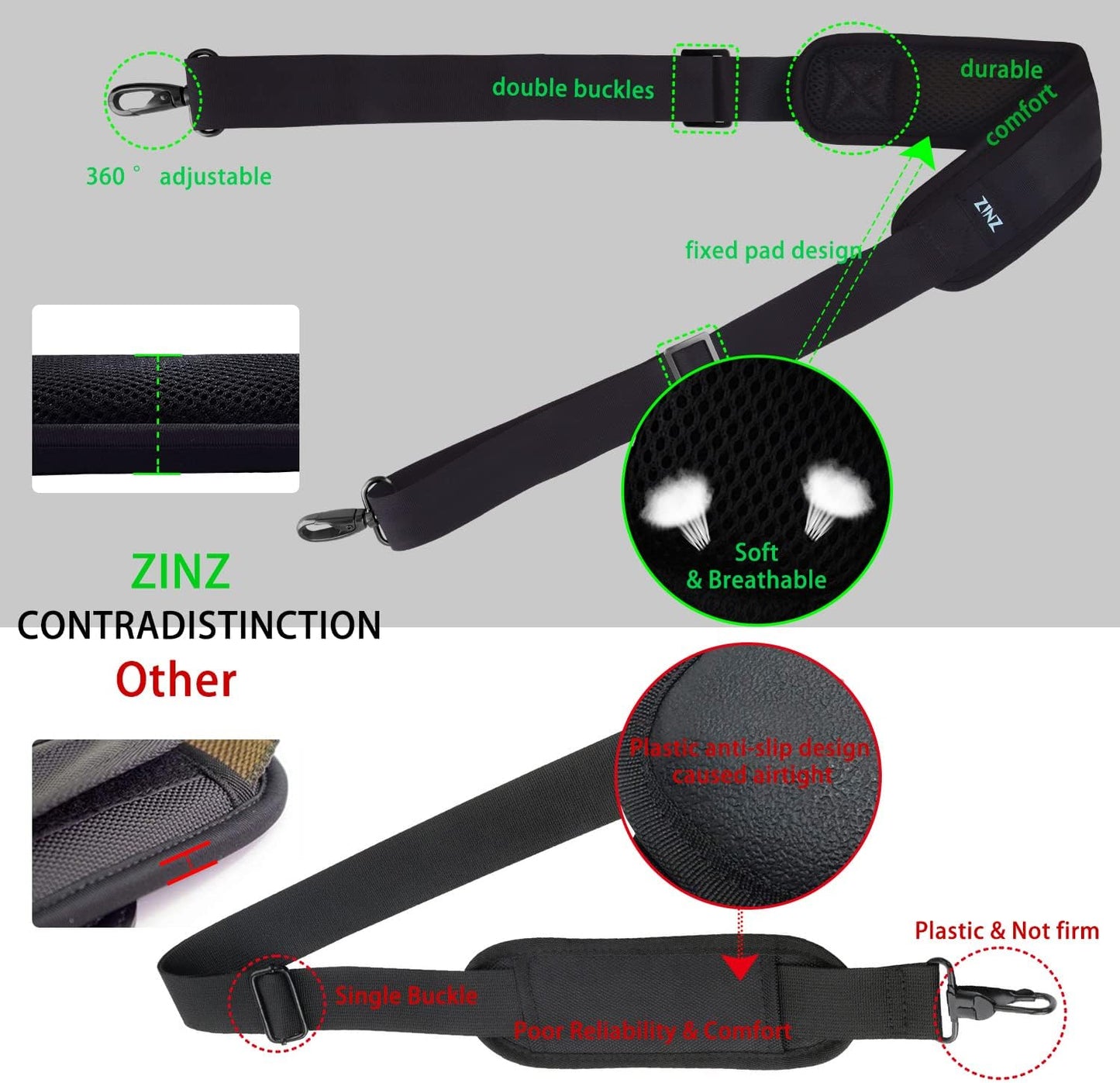 ZINZ 79 inch Shoulder Strap, Extra-thick Fixed Cushion Pad and Dual Clasps Universal Replacement Strap with Metal Swivel Hooks for Laptop Bags, Luggage Bags, Camera, Crossbody (200cm,Black)