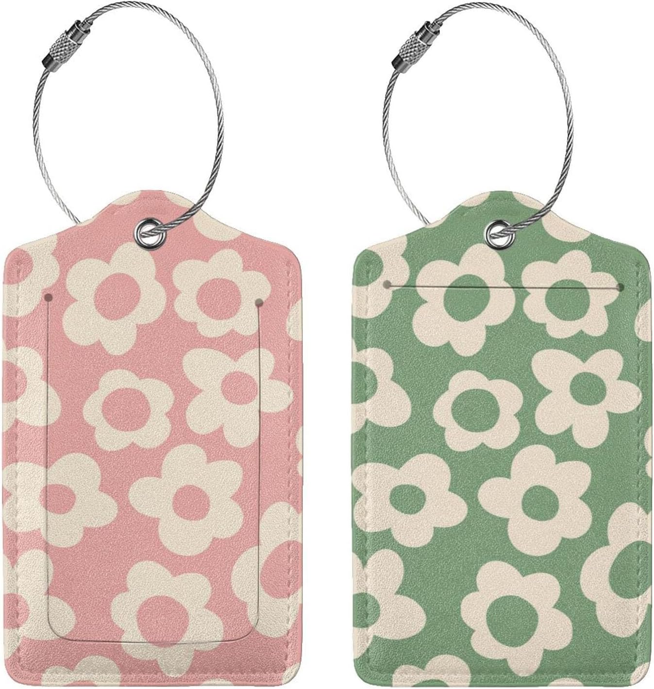 2 Pcs Pink Green Hippie Flower Luggage Tags for Suitcase, Cute Vintage Groovy Flowers Gift for Privacy Cover ID Label with Stainless Steel Loop