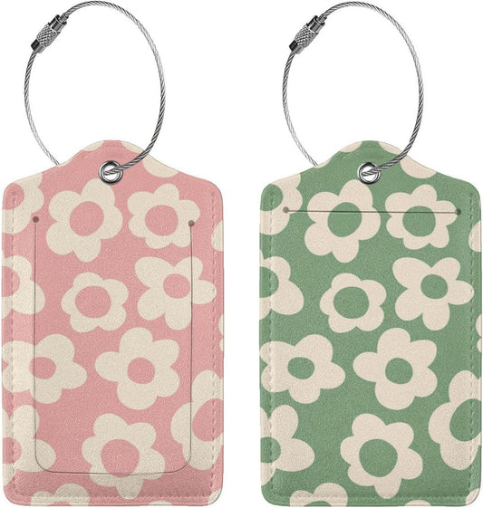 2 Pcs Pink Green Hippie Flower Luggage Tags for Suitcase, Cute Vintage Groovy Flowers Gift for Privacy Cover ID Label with Stainless Steel Loop