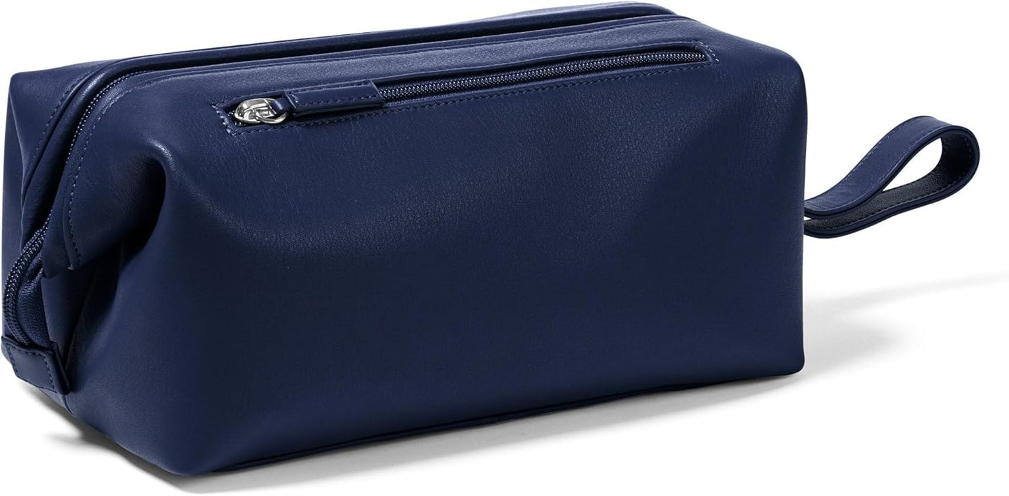 Leatherology Navy Blue Framed Toiletry Bag – Full Grain Leather Dopp Kit for Men with Wide-Mouth