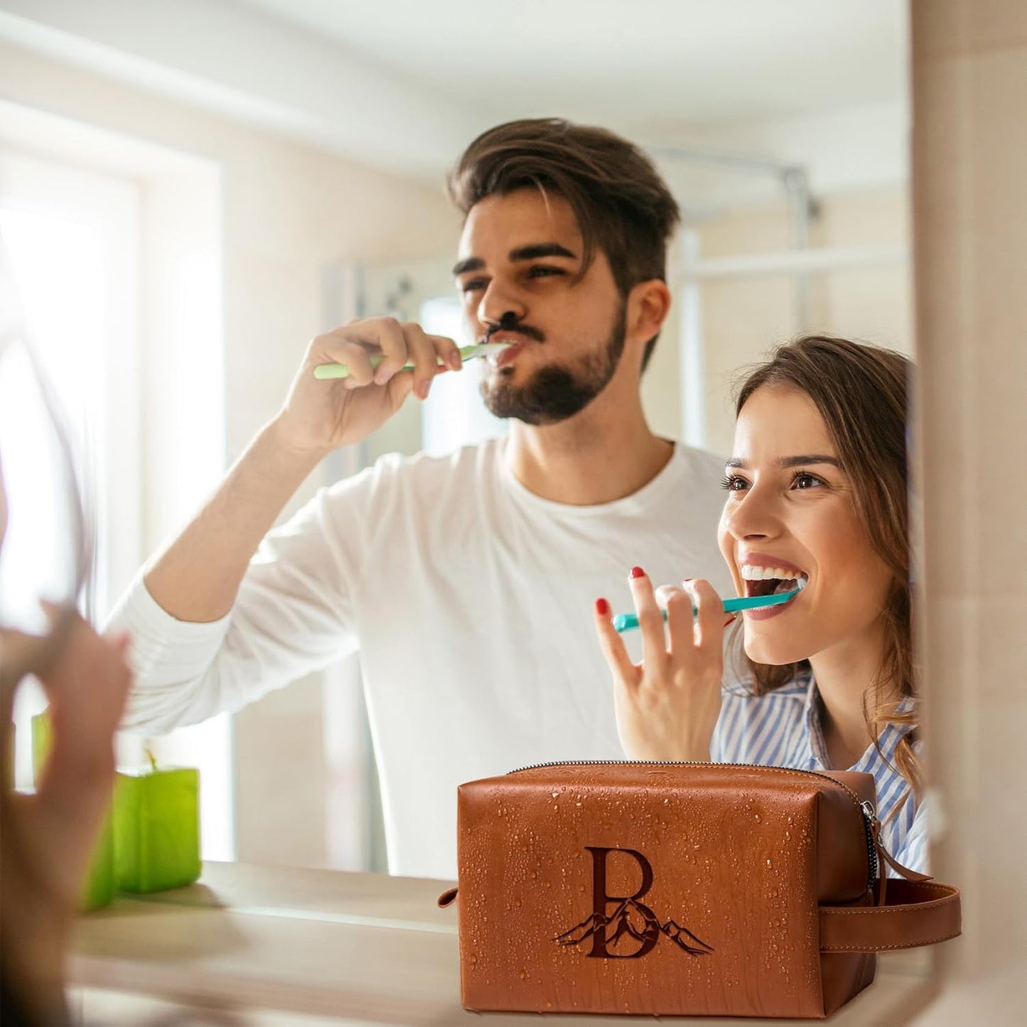 Personalized Gifts Travel Toiletry Bag for Men Engraved Initial PU Leather Waterproof Shaving Bag