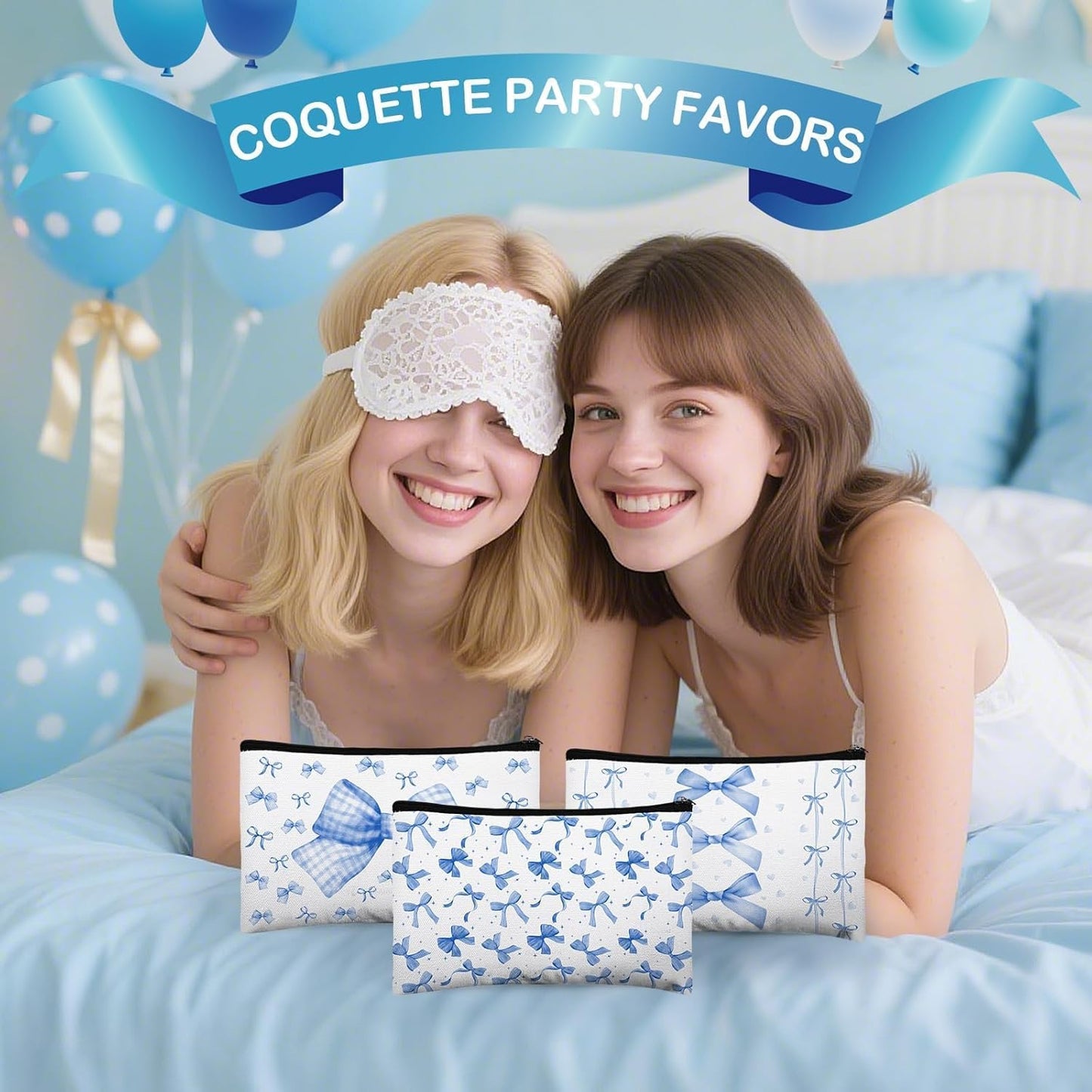 16 Pcs Bow Makeup Bags Bulk for Women Blue Coquette Aesthetic Preppy Cosmetic Bags Bow Floral