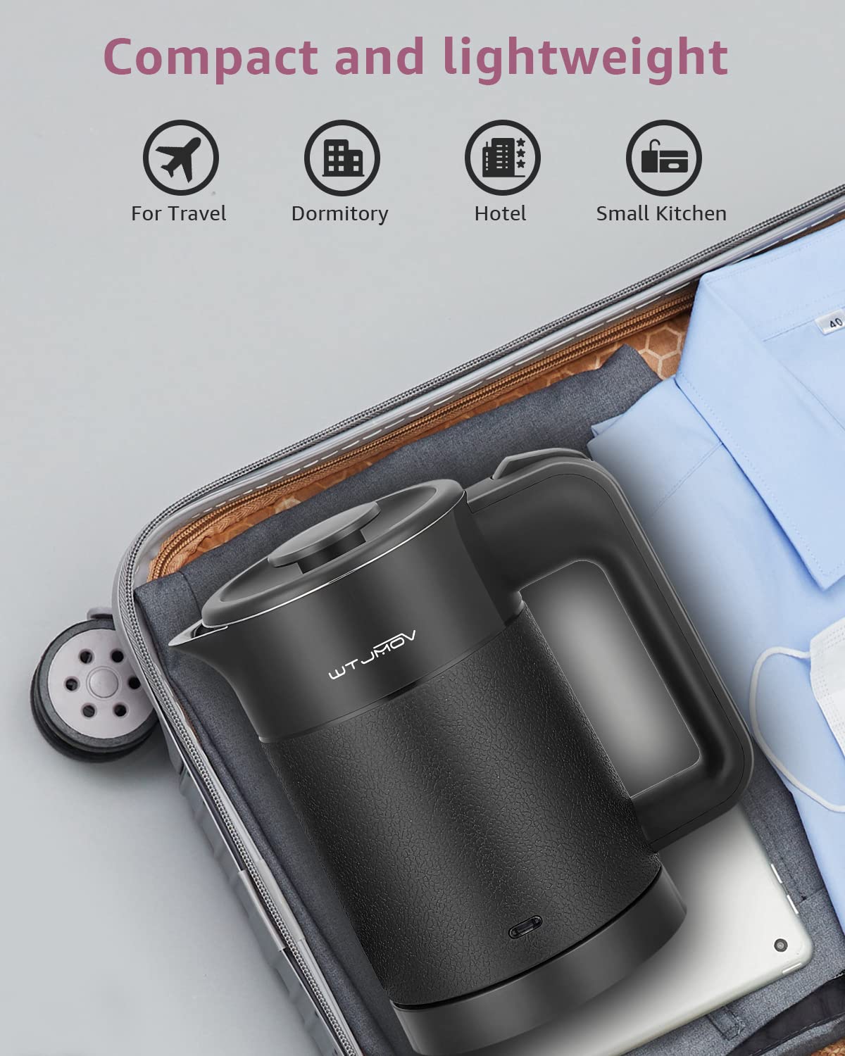 WTJMOV 0.6L Small Electric Tea Kettle Lightweight, 20 Ounce Double Wall Hot Water Boiler Stainless