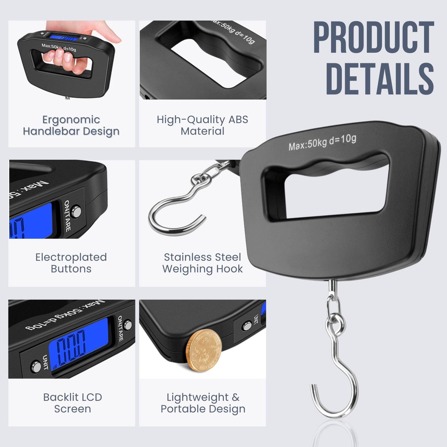 Flexzion Digital Luggage Scale, Baggage Weight Scale, 110 Lb (50 Kg) with 10g Deviation, Portable Handheld Suitcase Weight Scale with Hook for Travel, Fish Weighing, Black