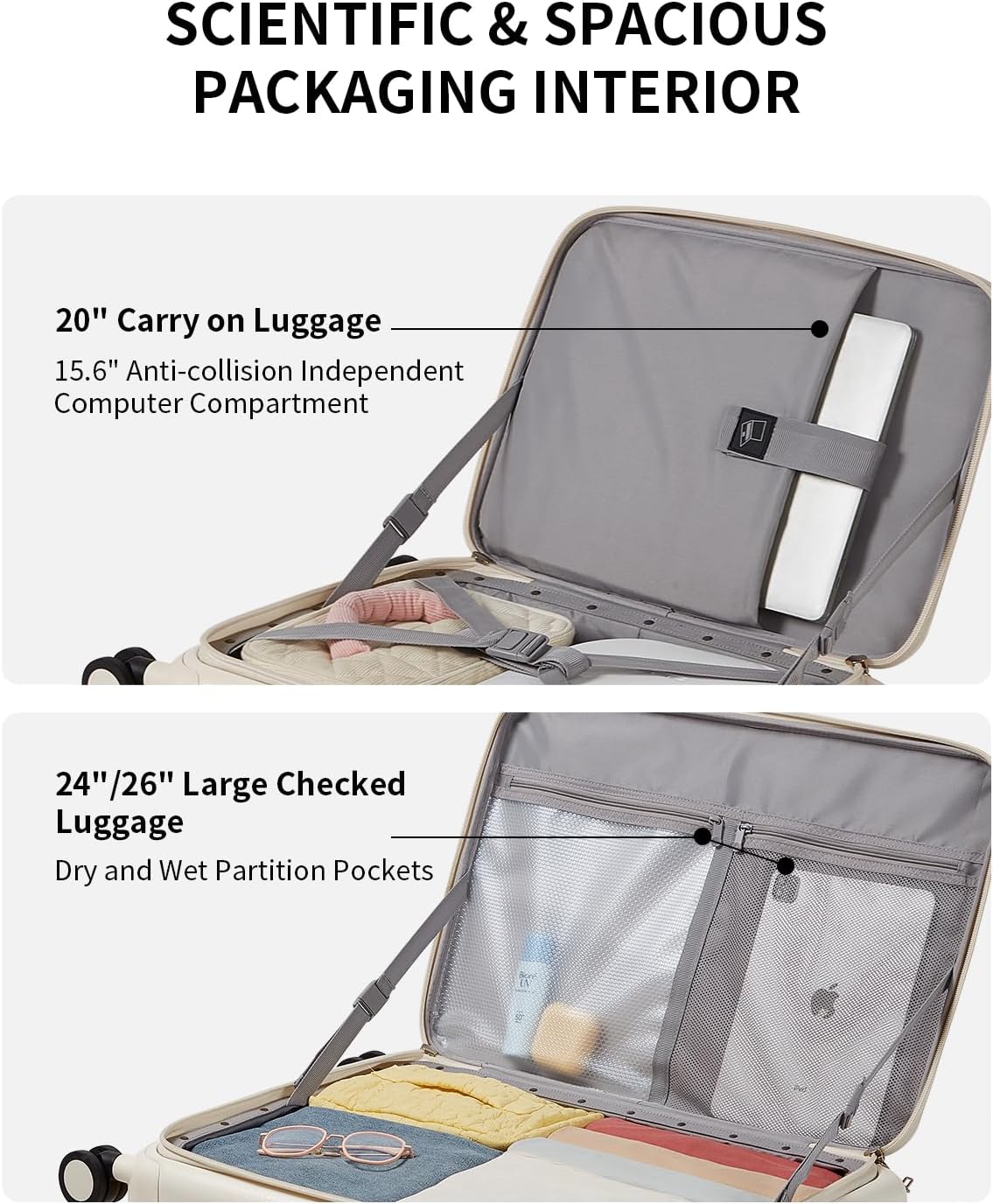 aji Expandable Top Open 24 Inch Checked Luggage with Spinner Wheels, Large Suitcase with TSA Lock, Hardside Travel Luggage Suitcases for Men Women, for 14+Days Travel, Coconut White