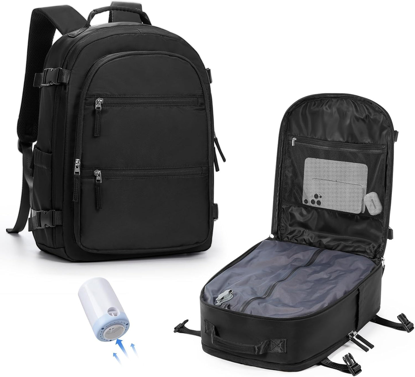 Vacuum Backpack Travel with Pump, Large 18×14×8 Personal Item Travel Bag with Vacuum Seal System Frontier Approved, Mochila al Vacio Para Mujer, 16" Laptop Backpacks for Men, Black