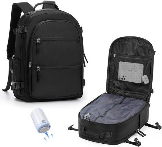Vacuum Backpack Travel with Pump, Large 18×14×8 Personal Item Travel Bag with Vacuum Seal System Frontier Approved, Mochila al Vacio Para Mujer, 16" Laptop Backpacks for Men, Black