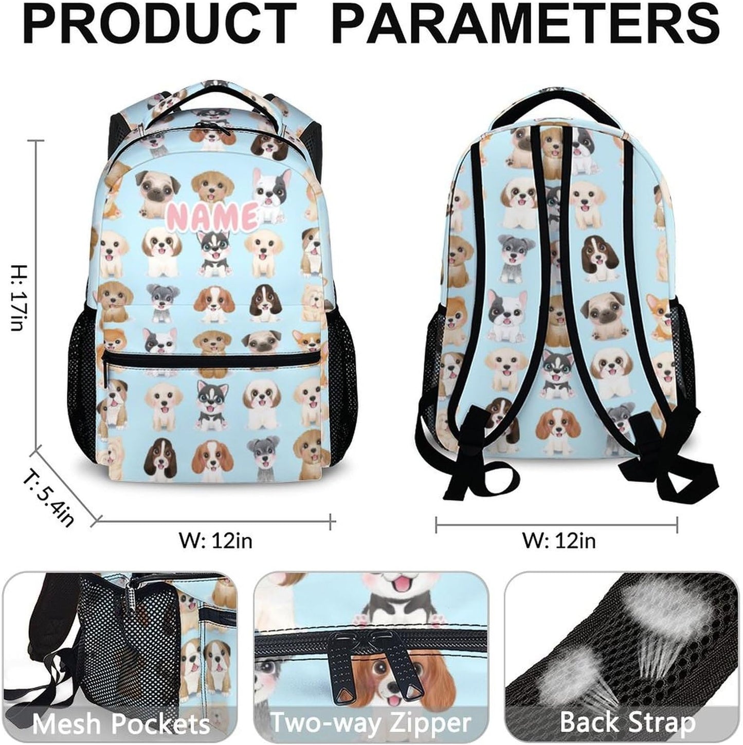 Custom Dog Backpacks for Kids, Large Capacity Backpack for School, Cute Blue Doggy Print Lightweight Bookbag for Boys & Girls