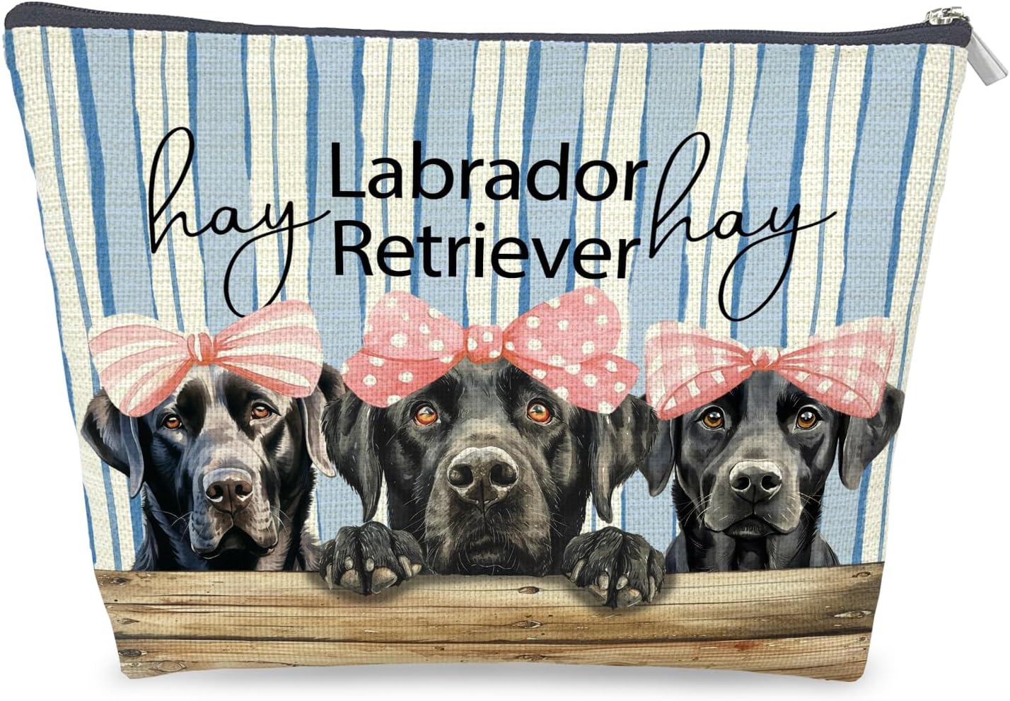 Coquette Black Labrador Retriever Makeup Bag Gifts for Women, Preppy Bow Black Lab Cosmetic Bag, Girly Blue and White Striped Dog Zipper Makeup Pouch Travel Toiletry Bag