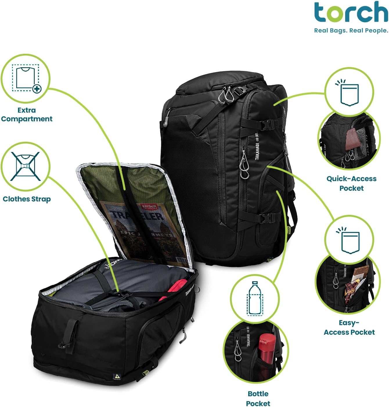 torch Travel Backpack 40L – TSA Friendly Flight Approved, Carry-On Waterproof Hiking Daypack with Rain Cover – Lightweight Rucksack for Camping, Trekking, Outdoor Adventures – Takahagi(Black)