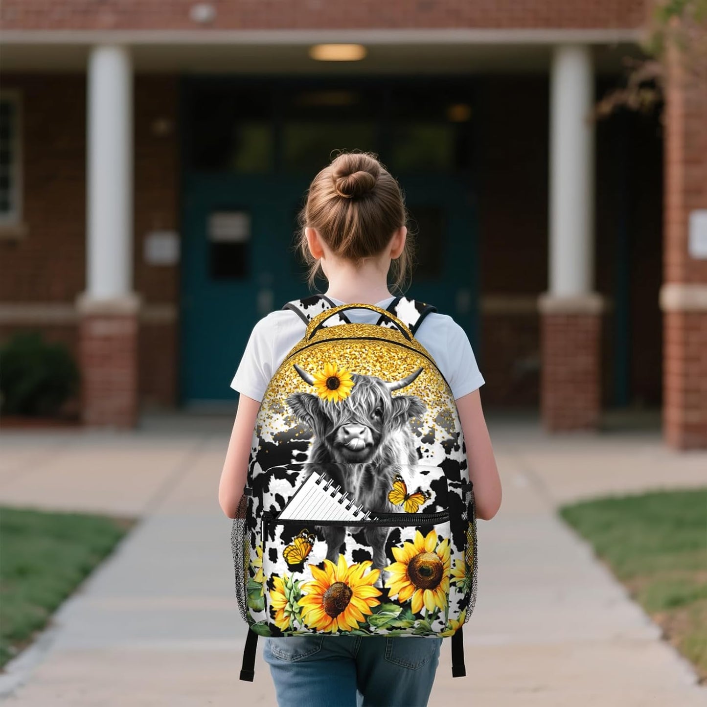 Highland Cow Backpack for Girls Boys Sunflower Cow Print School Backpack for Kids Children Teens