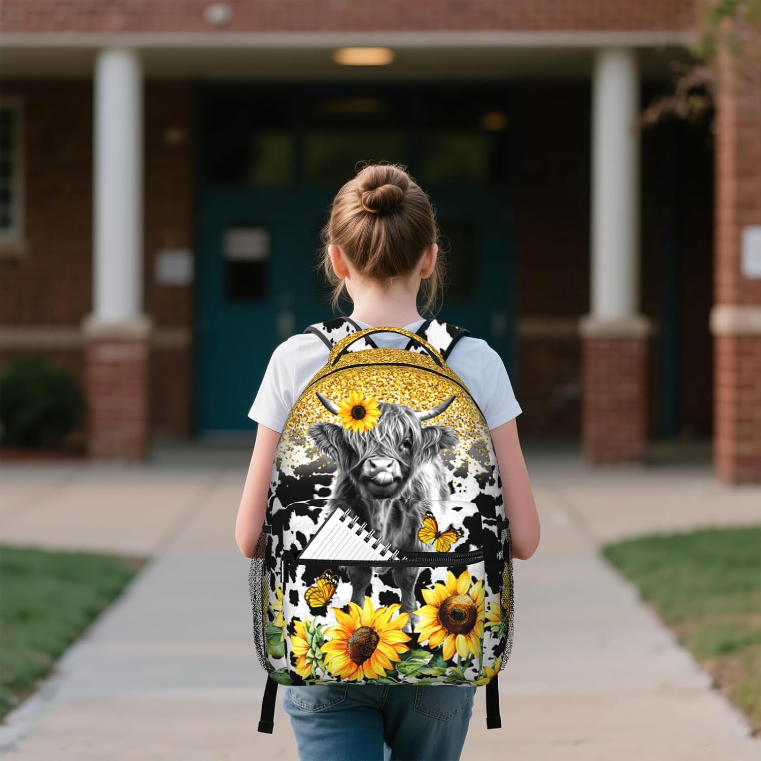 Highland Cow Backpack for Girls Boys Sunflower Cow Print School Backpack for Kids Children Teens
