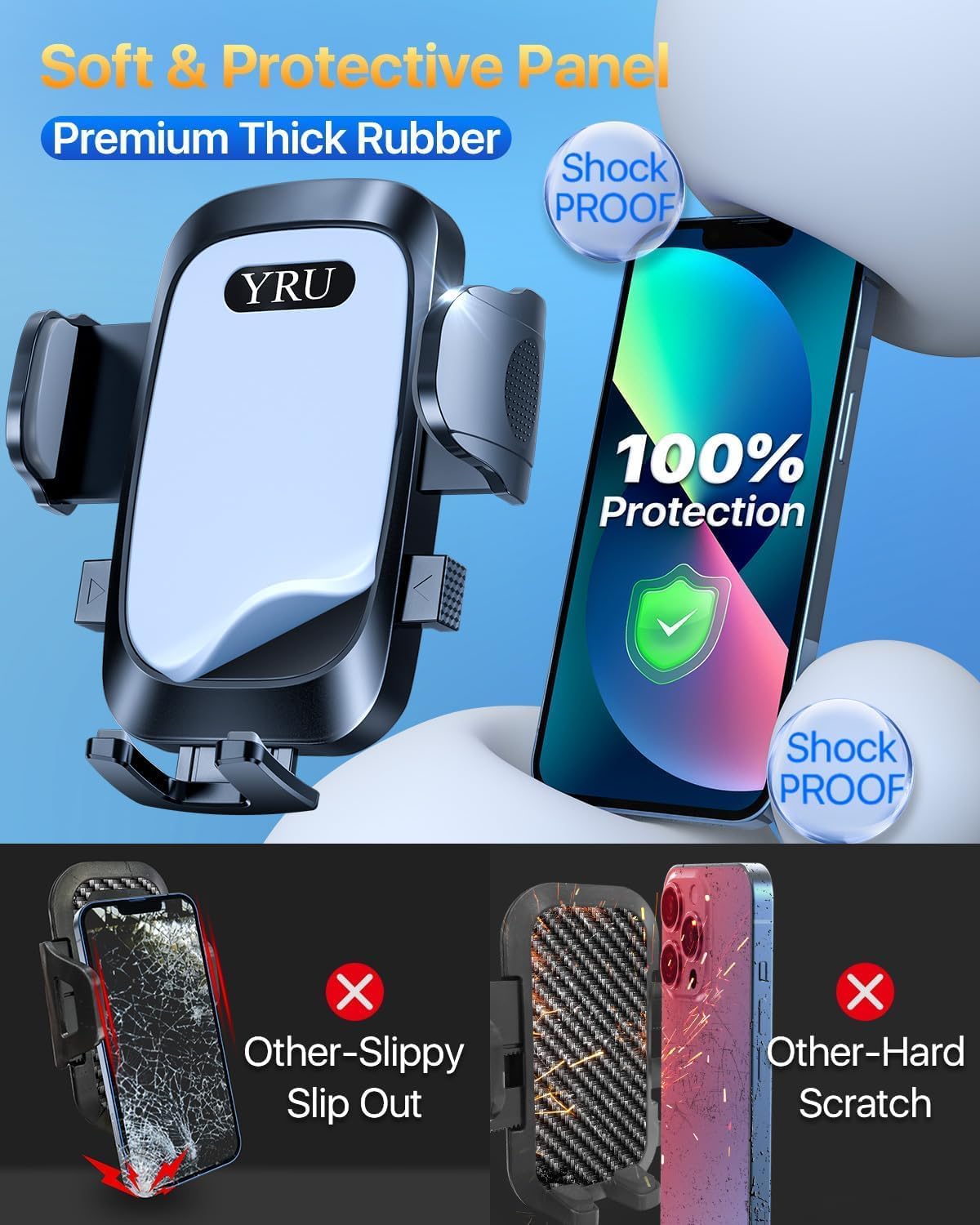 YRU [True Upgrade for Safety] Car Phone Holder Mount [Patent & Military-Grade] Dashboard Cell Phone Holder for Car Vent Windshield Phone Stand for iPhone 17 16 15 14 13 Pro Max Truck Samsung (Grey)