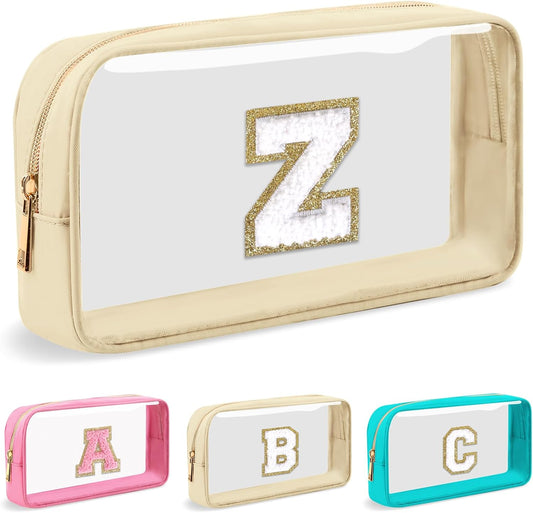 Personalized Initial Letter Clear Makeup Bag,Preppy Small Nylon&PVC Cosmetic Zipper Bag with Chenille Letter,Portable Beach Travel Skincare Toiletry Bag,Trendy Monogram Gift for Teen Girls Women,Z