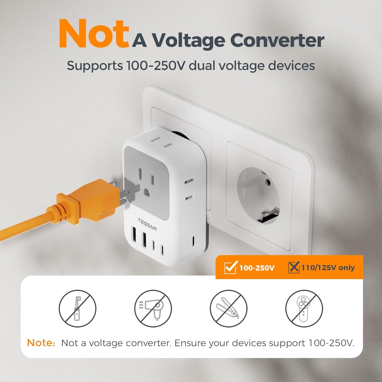 European Travel Plug Adapter 28W, TESSAN US to Europe Plug Adapter with 4 Outlets 5 USB Ports (3 USB C), Type C Power Adaptor for USA to EU Euro Italy Spain France Iceland Germany Greece Portugal