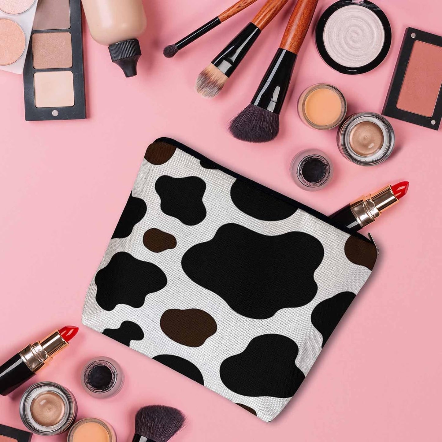 Women Cosmetic Bag Cow, Farm Cow Print Cattle Skin Milk Fur White Black Cute Makeup Bag For Purse Cosmetic Travel Bag For Toiletries Makeup Storage Bag Flax Skincare Bag Make Up Pouch Bags