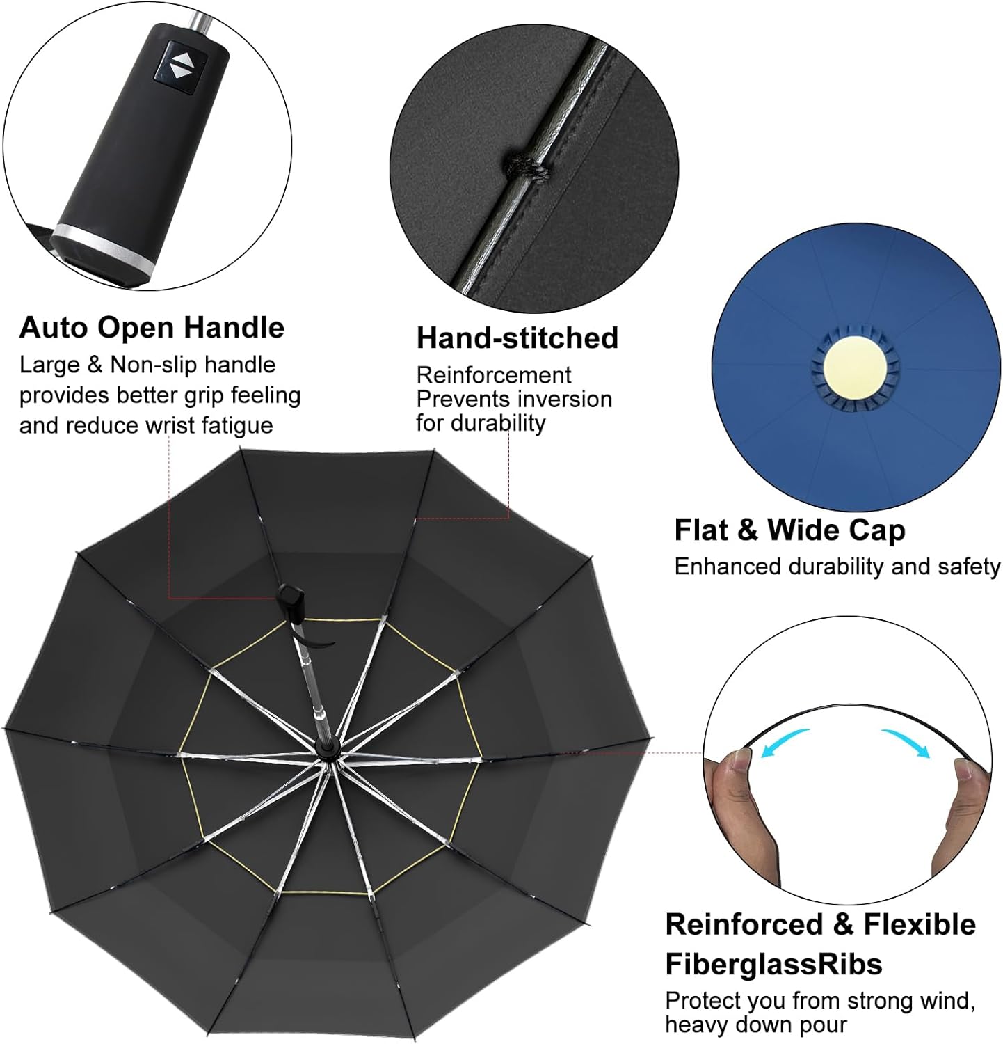 Satol Extra Large Golf Umbrella, 46/54/62 Inch Windproof 10 Ribs Vented Double Canopy Reflective Strips Automatic Open/Close Waterproof UV Protection Portable Compact Umbrella for Outdoor & Travel
